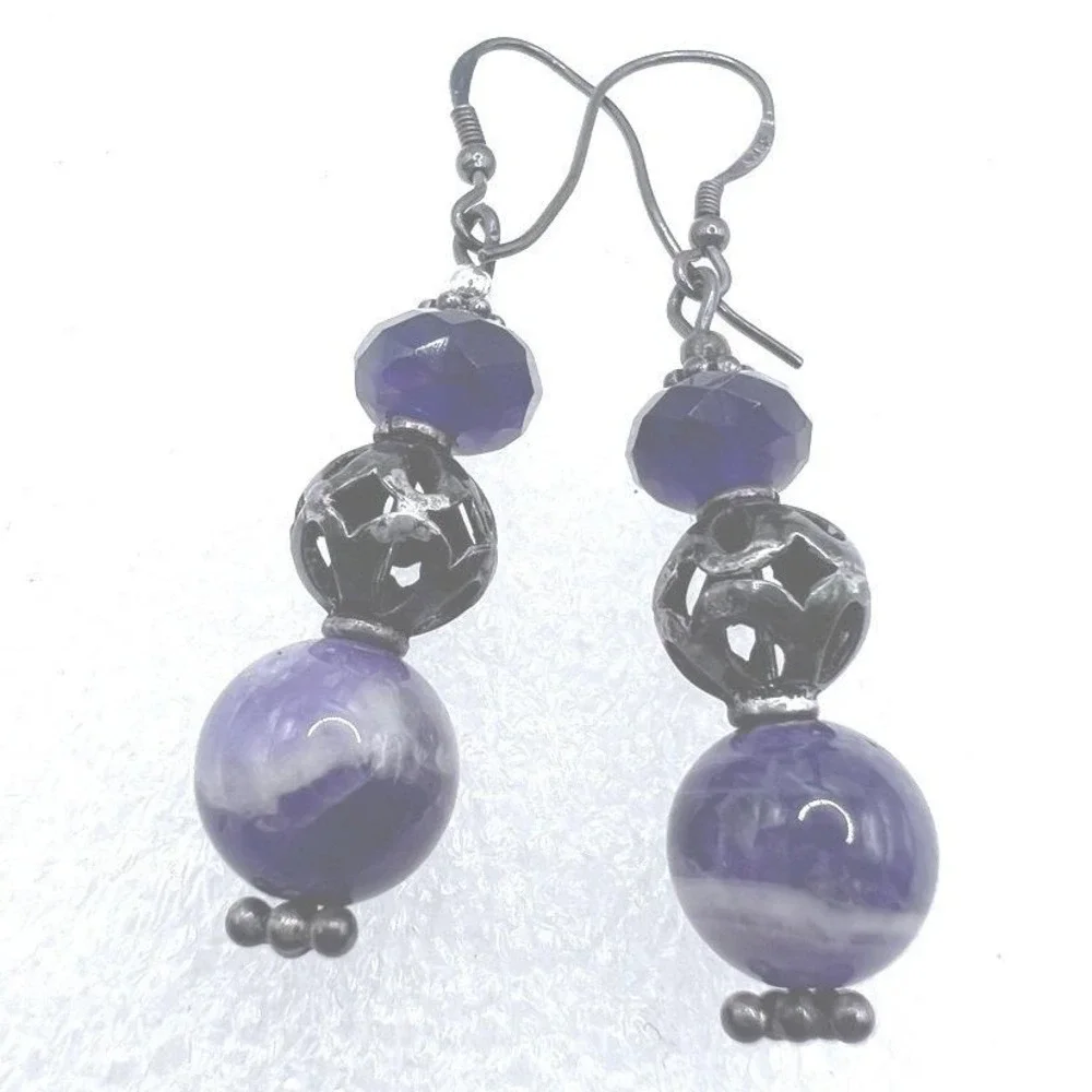 Purple Dangle Beaded‎ Earrings Oxidized Sterling Silver Semi Precious Stones
